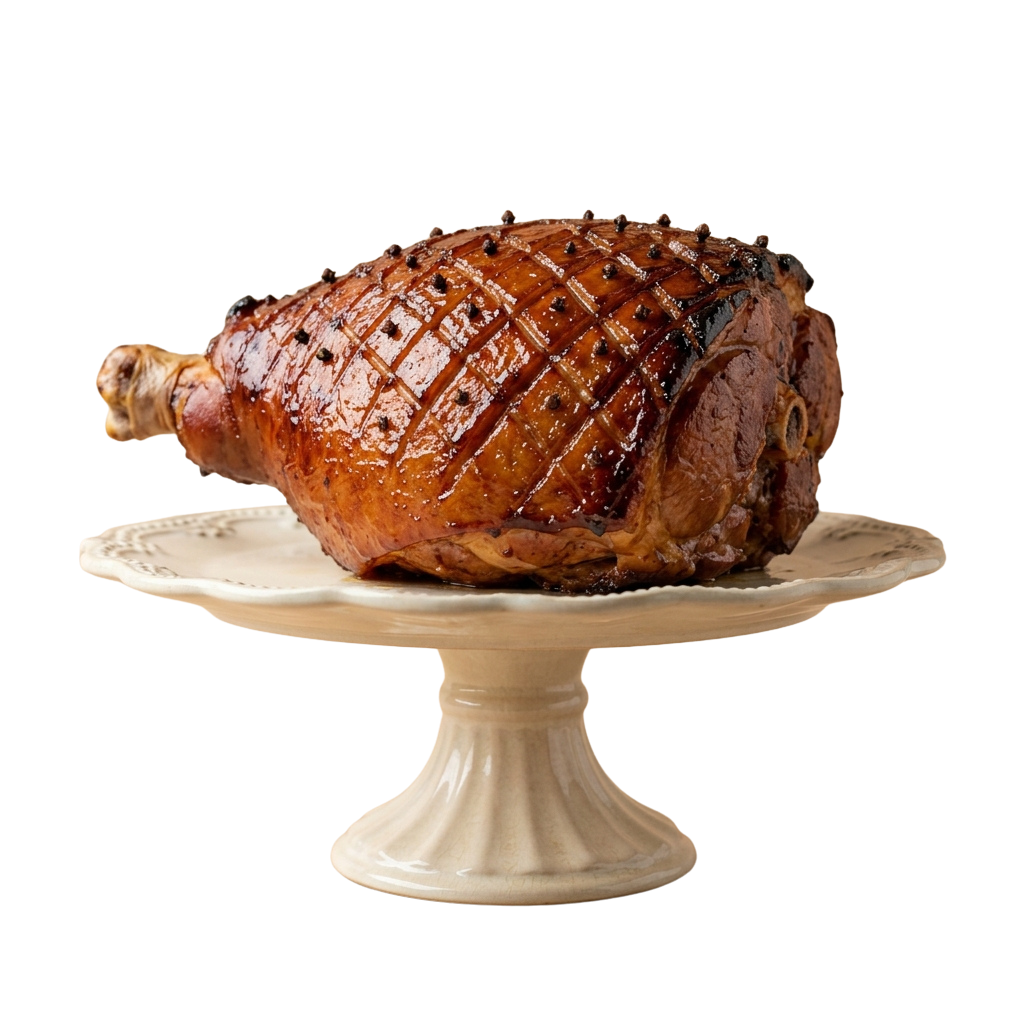 A beautifully glazed whole roasted ham placed on a white cake stand with a pedestal base