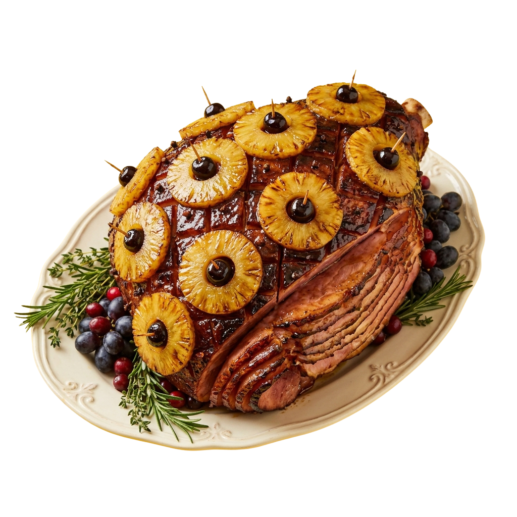 A large glazed ham topped with pineapple slices and black olives, served on a white platter with cranberries and rosemary sprigs.