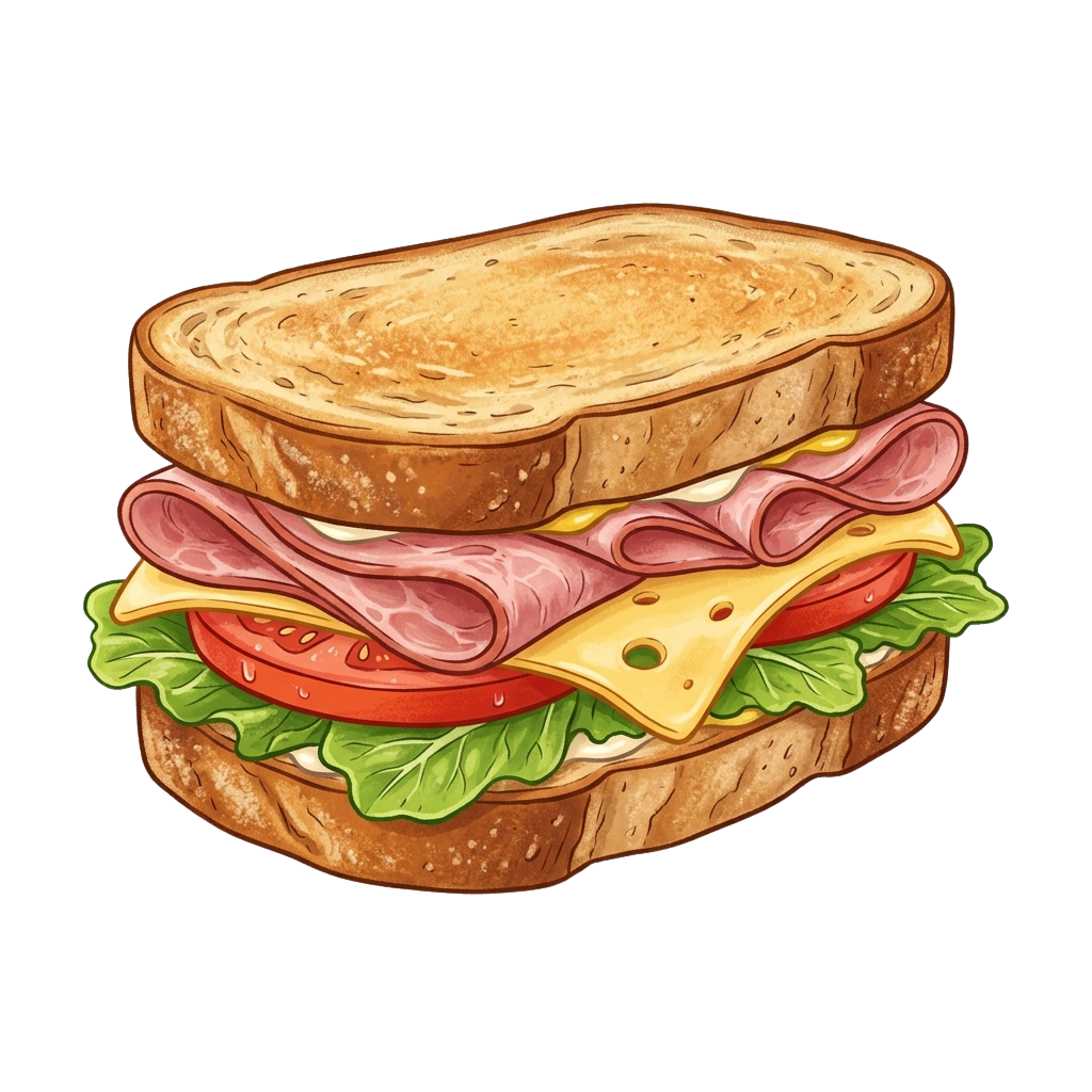 A ham and cheese sandwich with bread, ham slices, cheese, lettuce, and tomato slices