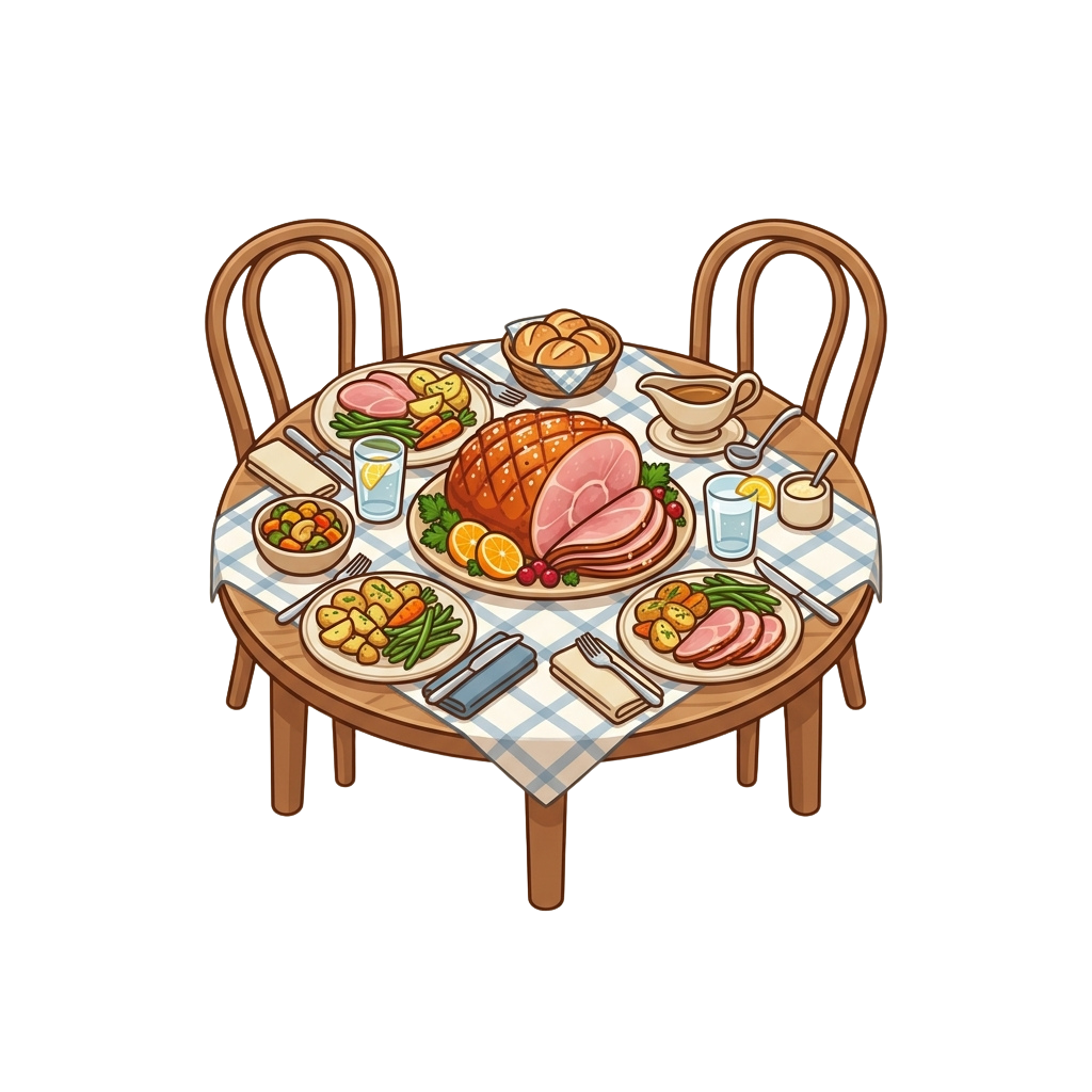 Illustration of a round wooden table set for Thanksgiving with a roast ham, vegetables, bread, and drinks