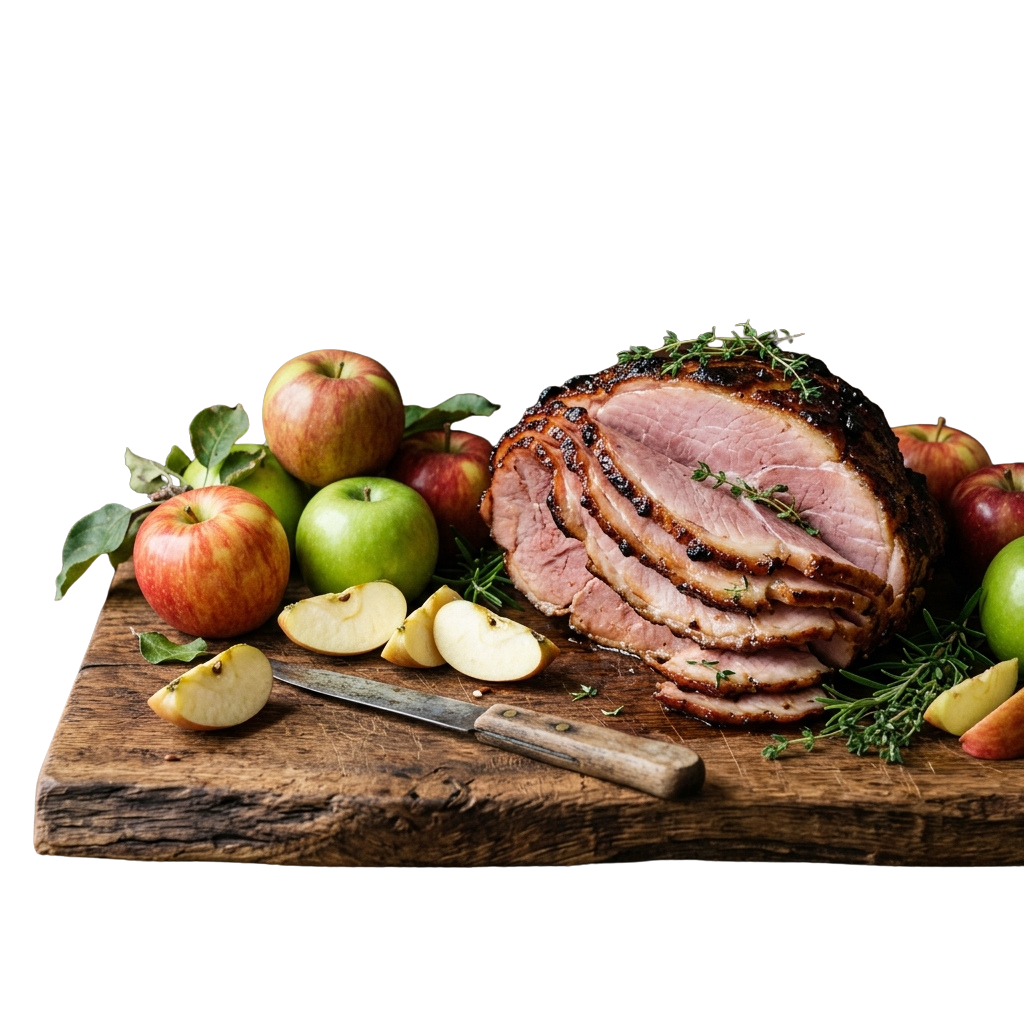 A sliced roast beef ham garnished with thyme on a wooden board surrounded by whole and sliced apples