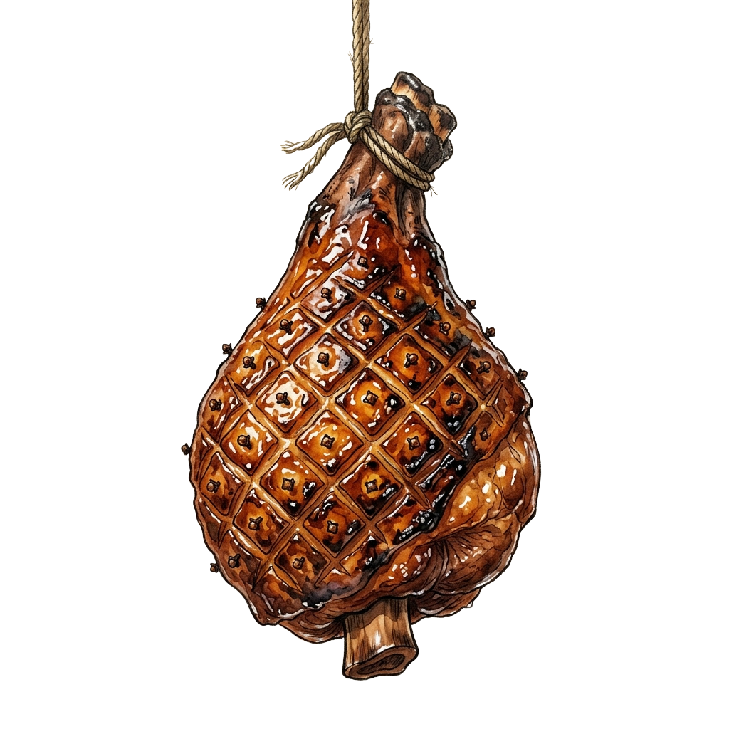 Illustration of a roasted meat loaf hanging by string with crisscross cuts on its surface