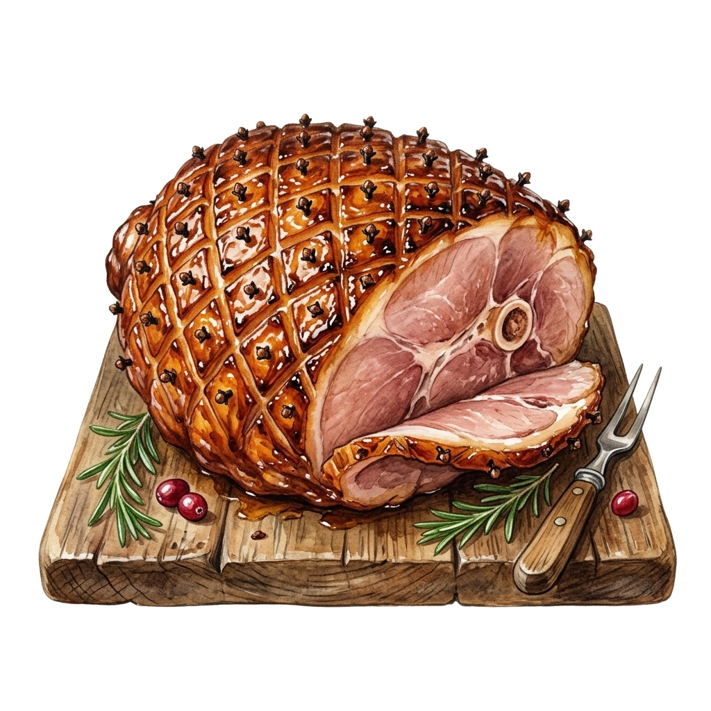 A roasted ham with a brown crust and herbs on a wooden cutting board with a knife and fork.