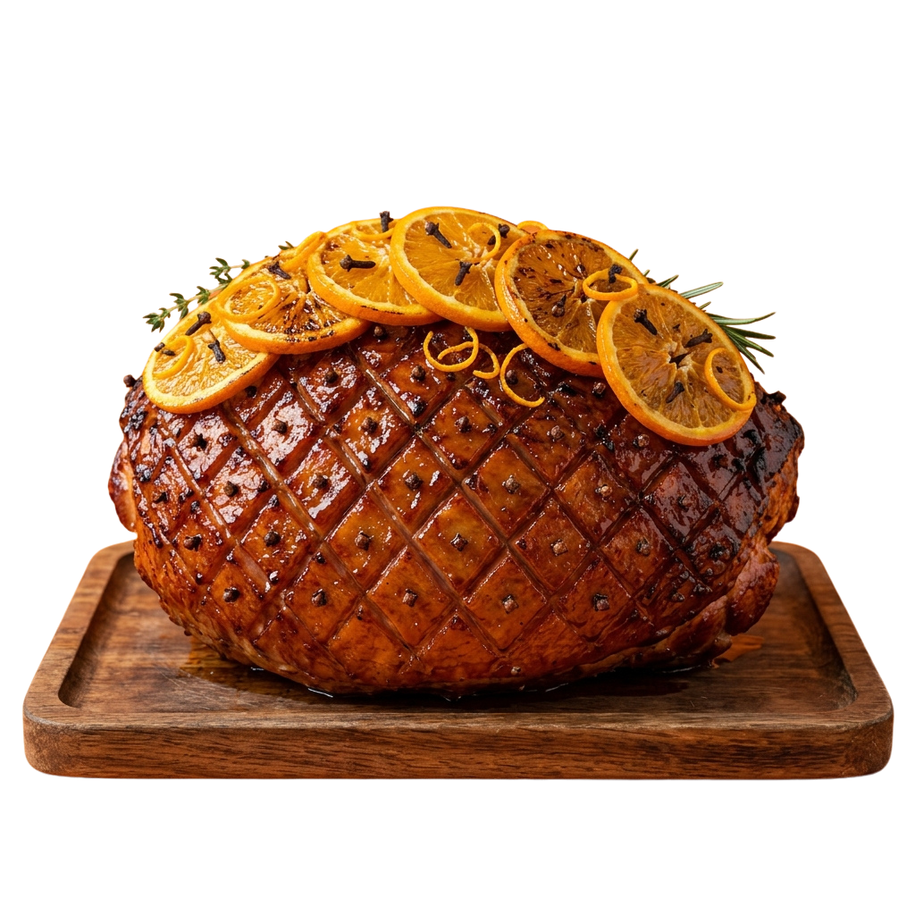 A glazed ham topped with orange slices and garnish on a wooden board