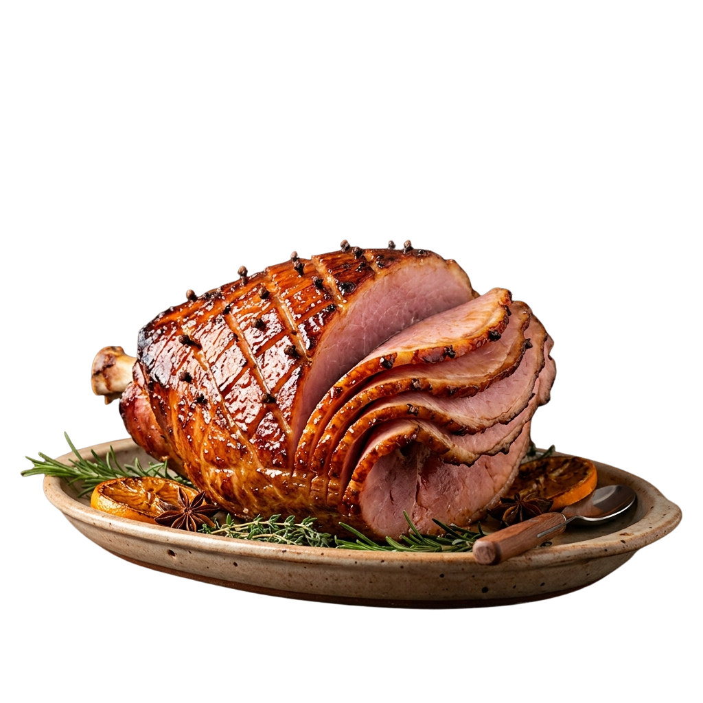A beautifully glazed ham resting on a wooden plate with herbs and sliced citrus garnish