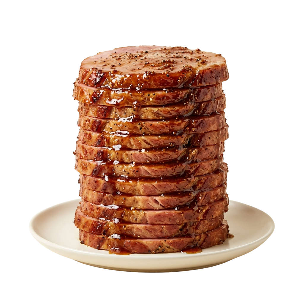 A tall stack of caramelized meat slices with glaze on a white plate