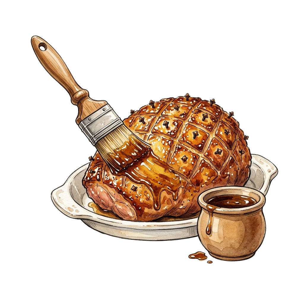 Illustration of a roasted ham with a carving brush and glaze on a white plate with gravy in a small pot