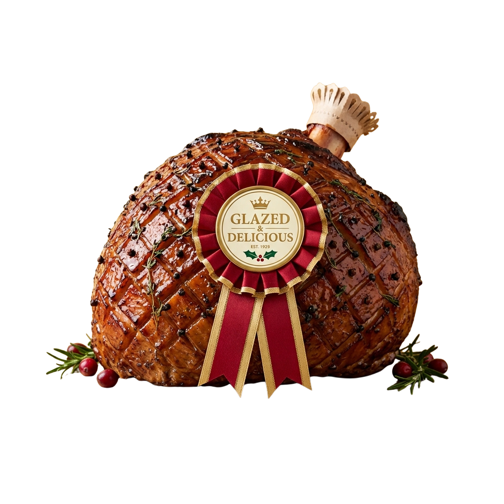 A beautifully glazed roast ham with a decorative ribbon labeled Glazed and Delicious, garnished with rosemary and berries, and a chef’s hat on top