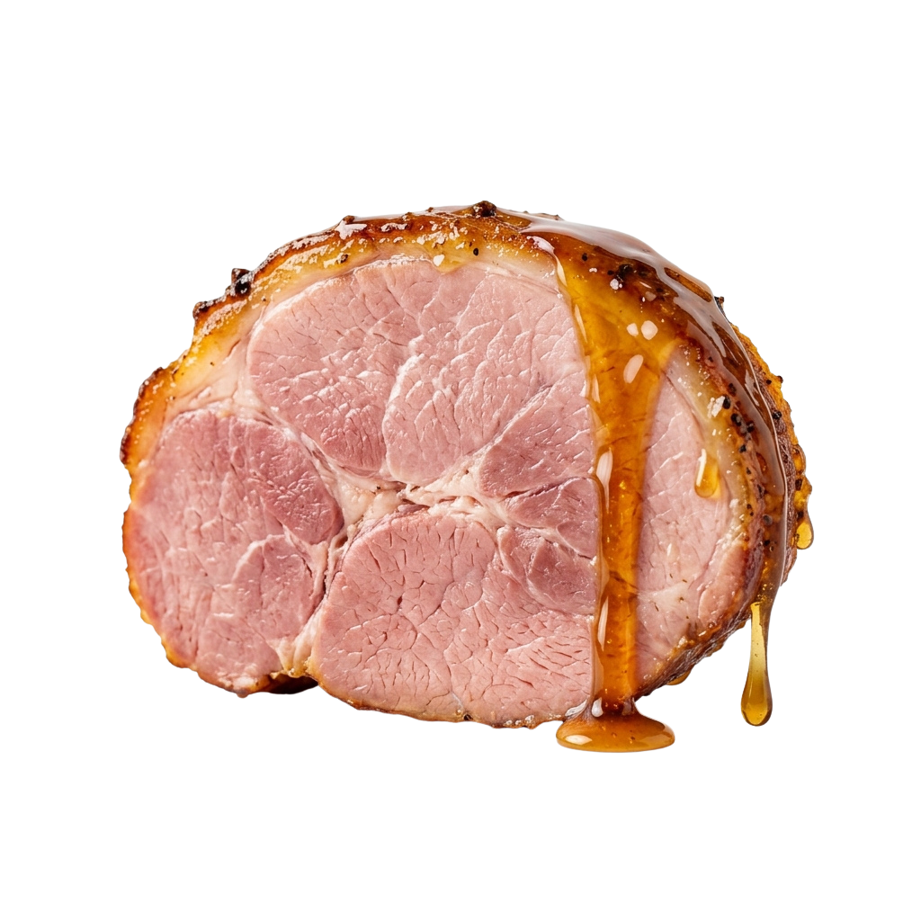 A cooked ham steak with a caramelized glaze on the edges and visible muscle fibers inside