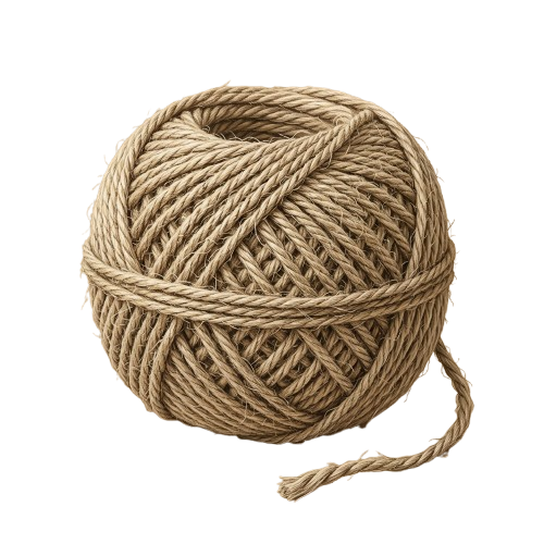 Ball of light brown natural jute twine with a loose end hanging down