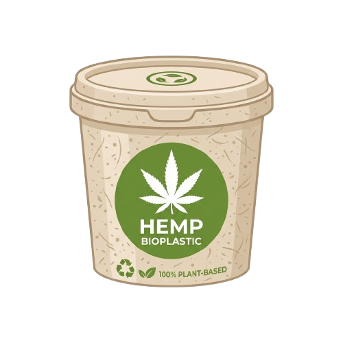 A beige hemp bioplastic container with a green cannabis leaf logo and 100 percent plant-based label