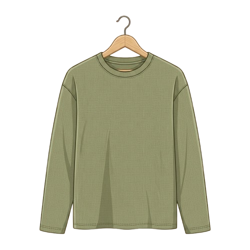 Light green long-sleeve crew neck sweatshirt hanging on a wooden hanger against a black background