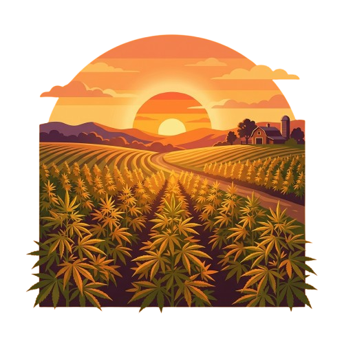A vibrant sunset over a cannabis field with a farmhouse in the background