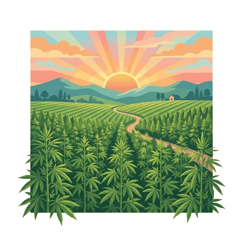 Illustration of a cannabis field at sunset with a winding dirt path and vibrant sky