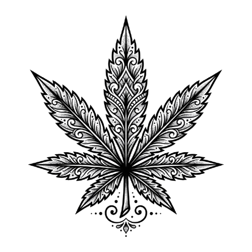 Detailed line art of a symmetrical cannabis leaf with ornate patterns on a dark background