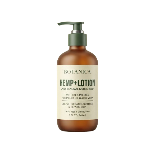 Bottle of hemp and aloe vera lotion with pump dispenser on black background