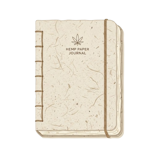 A cream-colored hemp paper journal with a leaf logo and brown stitching on a black background