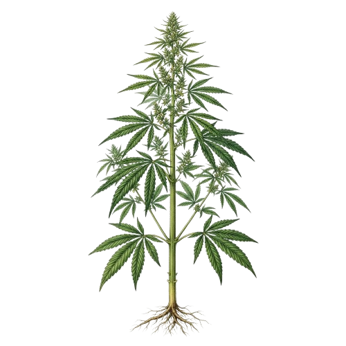 Illustration of a cannabis plant featuring a central bud and multiple green serrated leaves against a black background