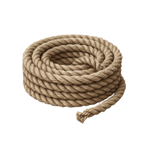A coiled length of natural beige twisted cotton rope on a black background