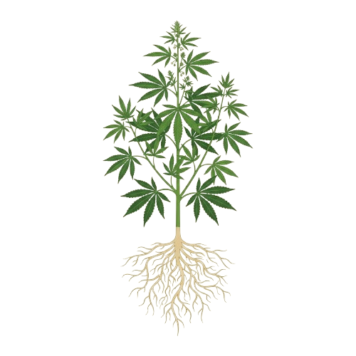 Illustration of a cannabis plant showing green leaves and detailed root system against a black background