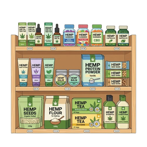 Illustration of hemp products like oil, seeds, tea, gummies, and balms arranged on three wooden shelves with price tags.
