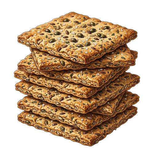 A stack of five rectangular crackers with seeds and nuts baked on top.