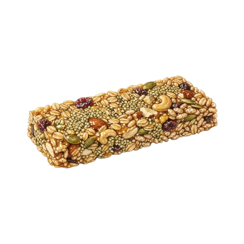 A rectangular granola bar covered in oats, nuts, seeds, and dried fruits on a black background
