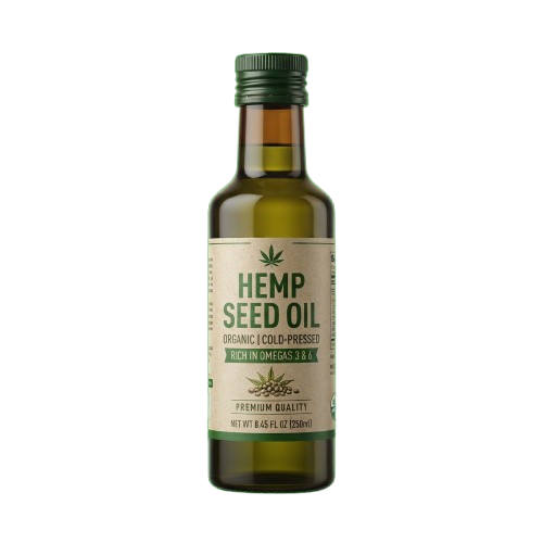 Bottle of organic cold-pressed hemp seed oil with green cap and label showing hemp leaves and omega-rich details