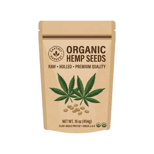 Bag of organic raw hulled hemp seeds weighing 16 ounces with a hemp leaf graphic and seeds illustration