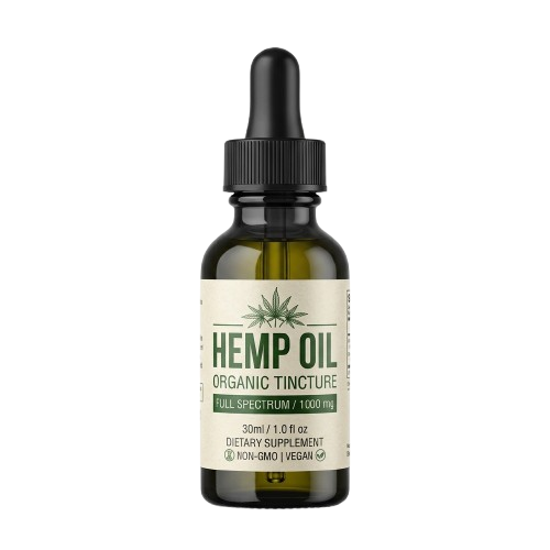 A dark glass dropper bottle labeled hemp oil organic tincture with full spectrum 1000mg concentration