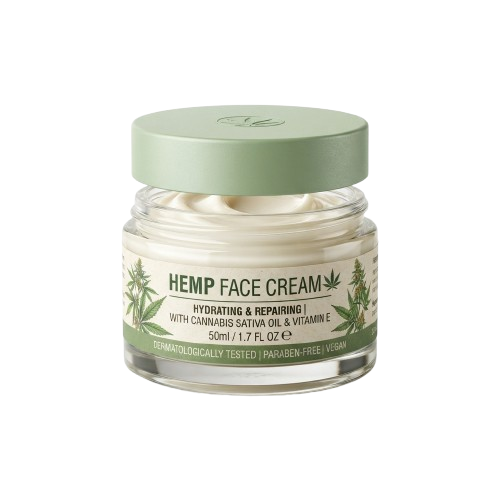 Jar of hydrating hemp face cream featuring cannabis sativa oil and vitamin E, dermatologically tested and vegan