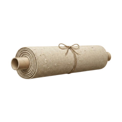 A rolled beige fabric with a cardboard center and tied with twine.