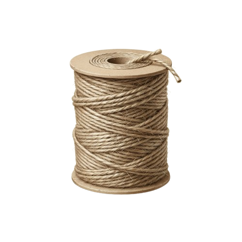 A spool of light brown natural jute twine tightly wound on a cardboard tube.