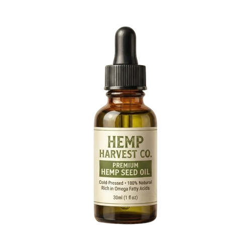 A small glass bottle of premium hemp seed oil with a black dropper cap against a dark background