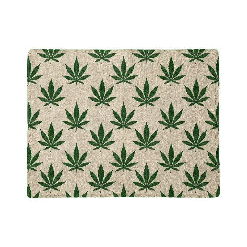 Beige fabric with repeated green cannabis leaf pattern