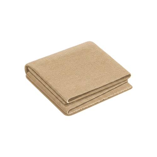 Stack of three folded light beige towels on a black background