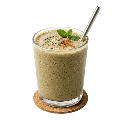A glass cup filled with a green smoothie topped with seeds and a mint leaf, placed on a round coaster.