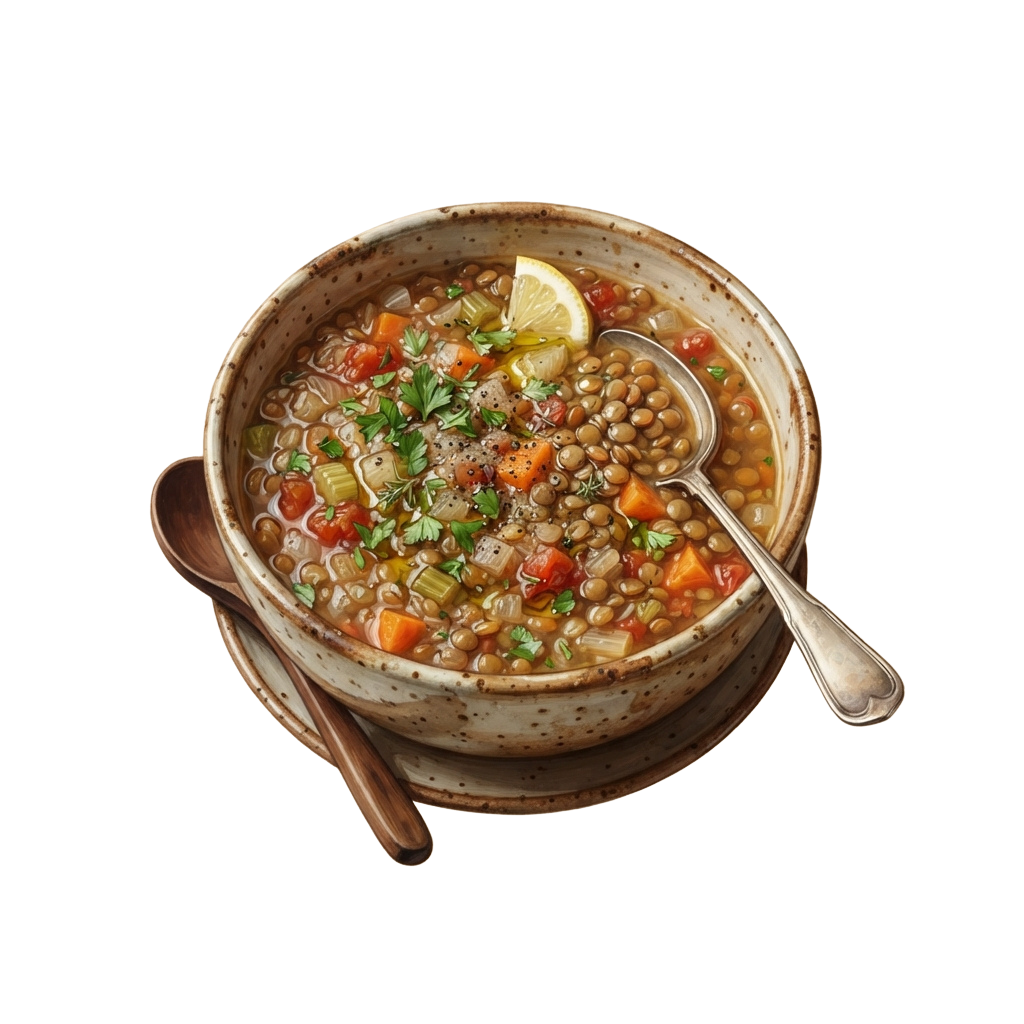 A ceramic bowl filled with hearty lentil soup garnished with parsley and lemon, accompanied by a spoon.