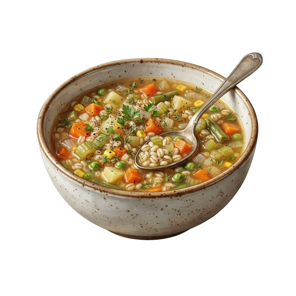 Bowl of vegetable barley soup with a spoon, garnished with herbs and black pepper flakes
