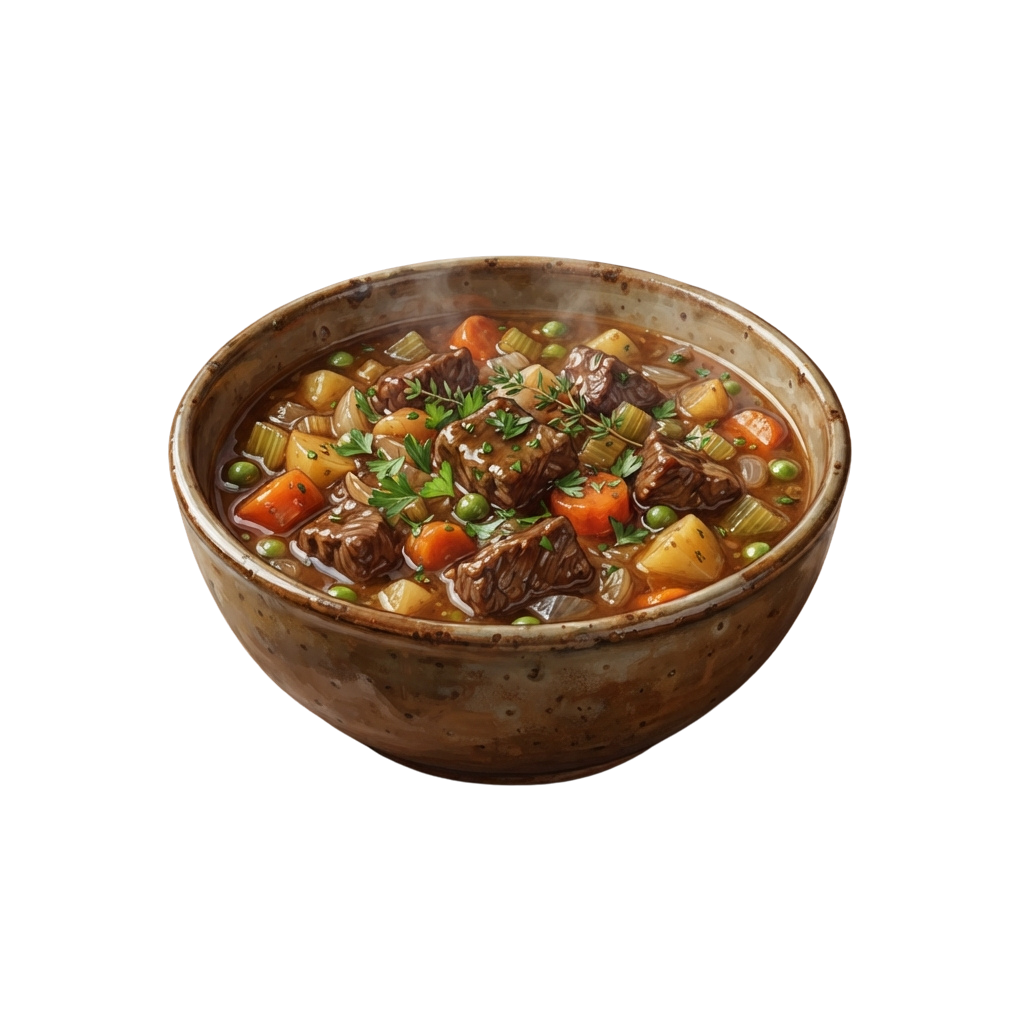 Ceramic bowl filled with beef stew containing chunks of beef, carrots, peas, and potatoes garnished with parsley