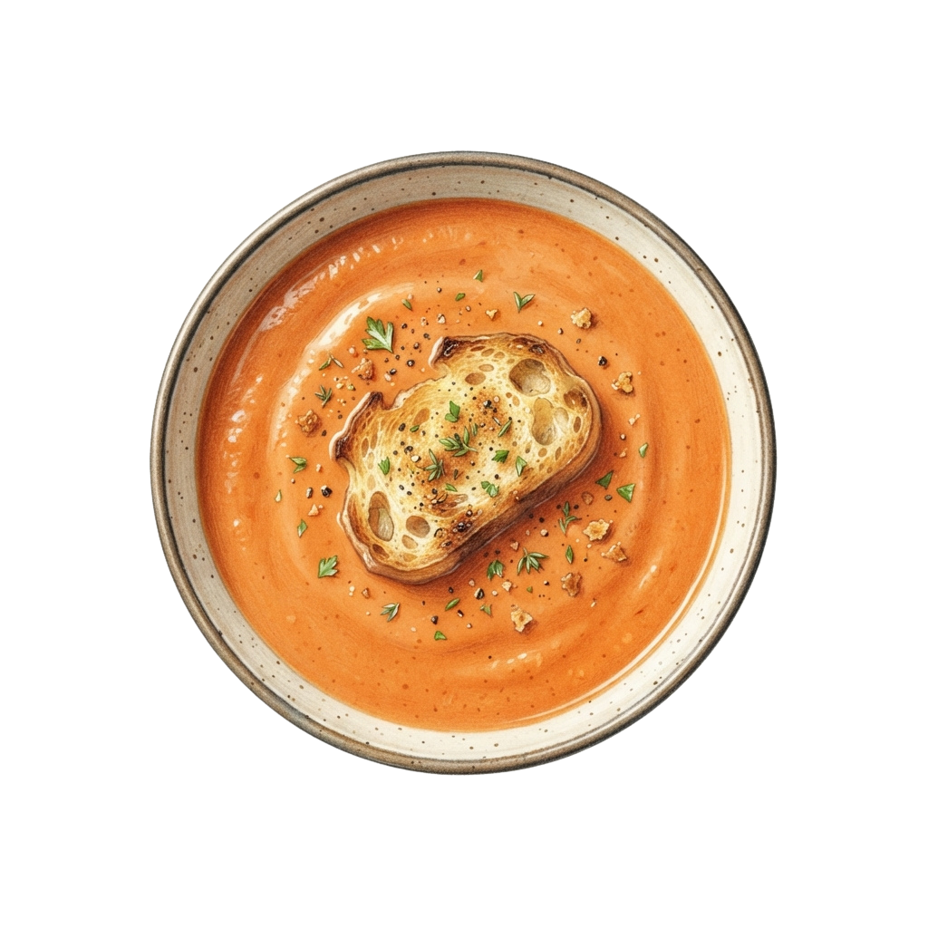 A bowl of creamy tomato soup topped with toasted bread and herbs on a white ceramic plate
