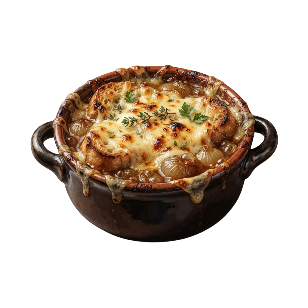 A clay pot filled with melted cheese baked onions garnished with herbs