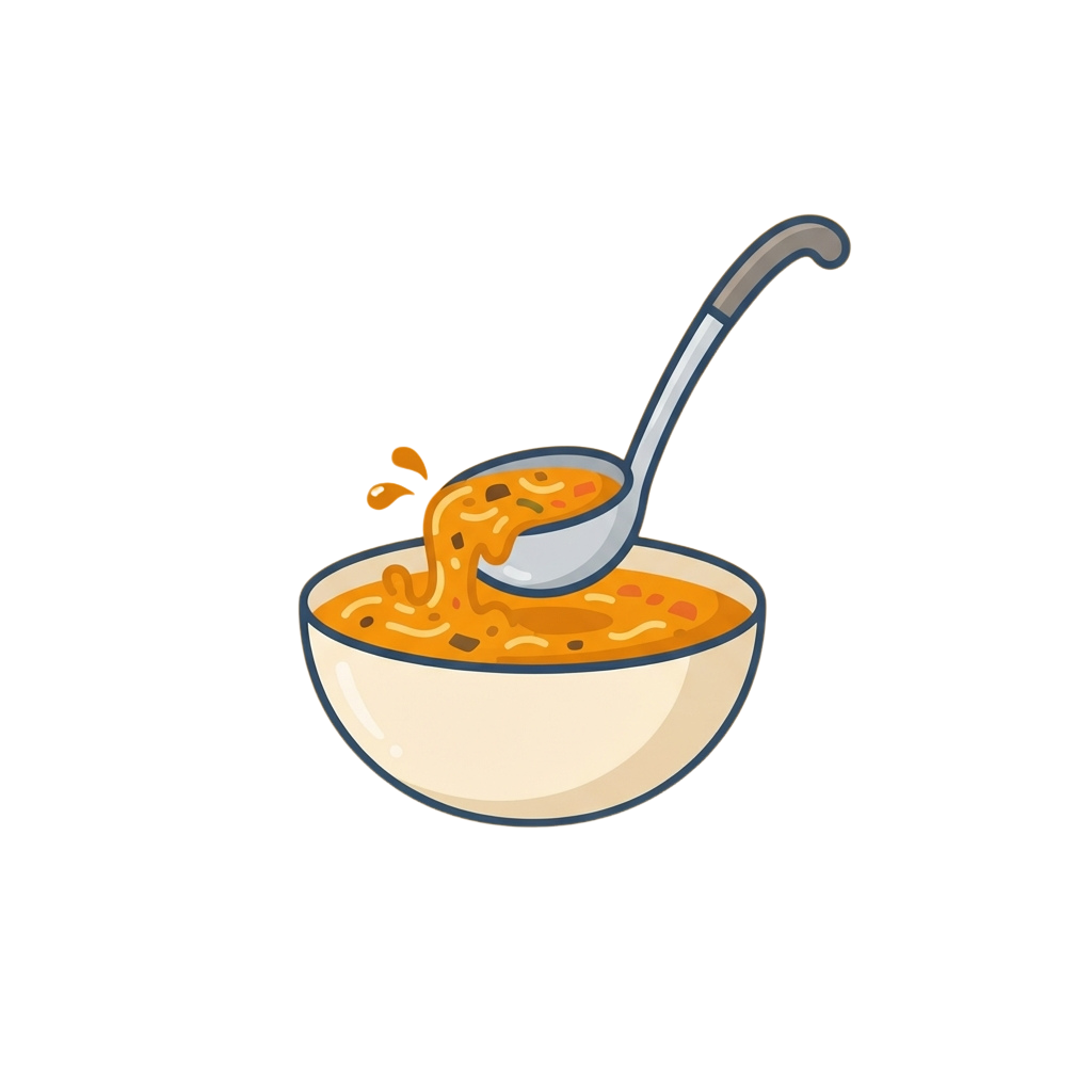A white bowl filled with orange soup and a spoon lifting a portion of the soup.