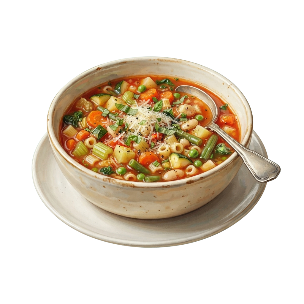 A white bowl filled with vegetable pasta soup garnished with cheese and parsley, placed on a matching plate with a spoon.