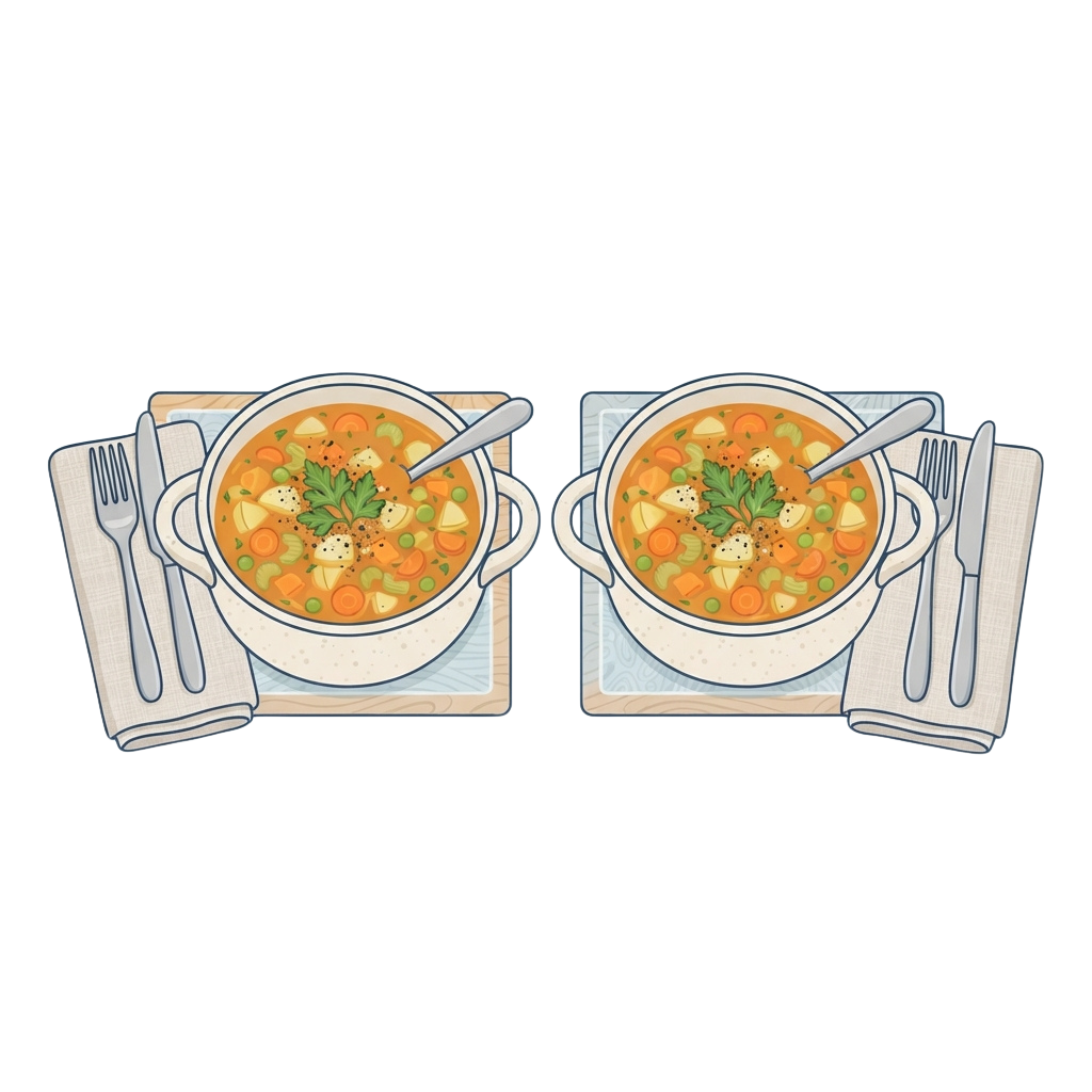 Two bowls of vegetable soup with carrots, potatoes, and herbs, each with a fork and spoon on a napkin