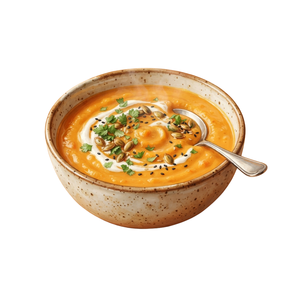 A ceramic bowl filled with creamy pumpkin soup topped with sour cream, pumpkin seeds, and chopped parsley.