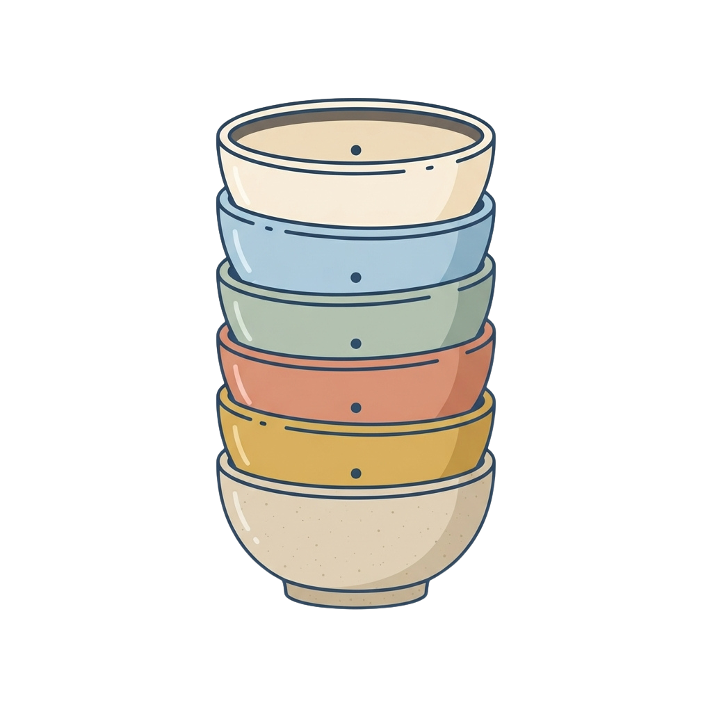 Five stacked bowls in different pastel colors with blue rims on a dark background