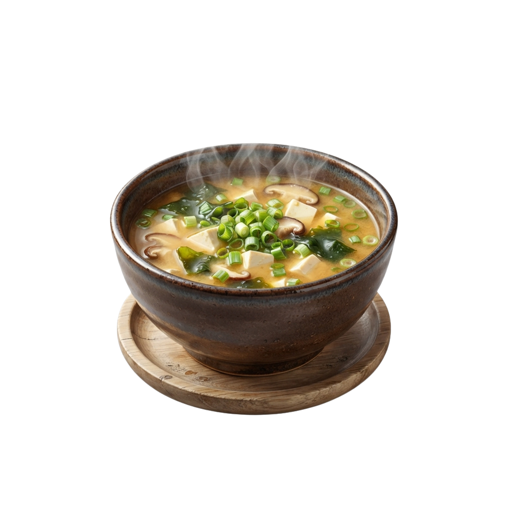 Bowl of steaming miso soup containing tofu cubes and green onions on a wooden tray