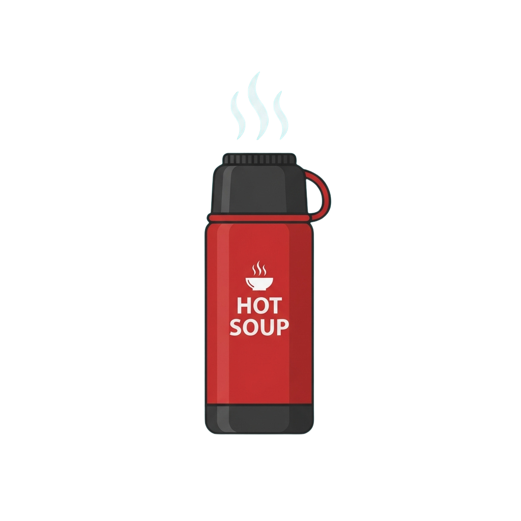 A red thermos with steam rising from the top labeled Hot Soup and a cup icon