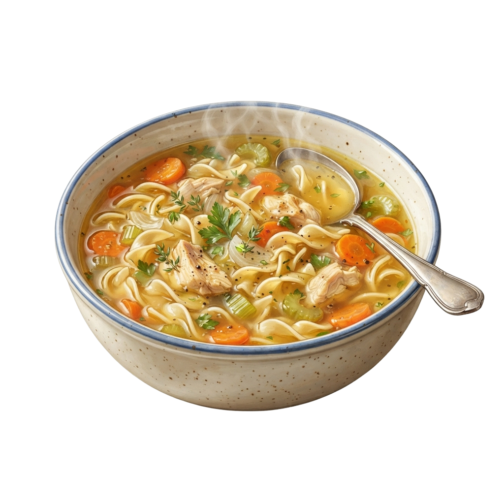 Ceramic bowl filled with chicken noodle soup containing chicken, egg noodles, carrots, and celery garnished with parsley.